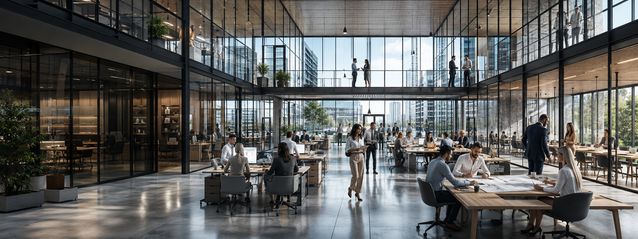 Ambiente corporativo integrado a uma operação industrial